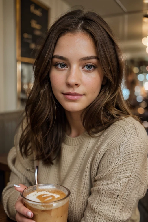 Beautiful brunette with blonde highlights wearing a beige sweater (in a cafe drinking soda), highly detailed, 22 years old, , innocent face, natural wavy hair, blue eyes, high resolution, Intricate high detail, Highly detailed, Sharp focus, Detailed skin, realistic skin texture, texture, detailed eyes, professional, charming smile, shot on Canon, shallow depth of field, Kodak Vision Color, Perfect Fit Body, extremely detailed, photography_\(ultra\), Realistic, Post-processing, maximum details, roughness, real life, ultra realistic, Photorealism, photography, 8k UHD, photography, busty, 85mm, Photorealistic, multiple views, pov, first-person view, Masterpiece, Best quality, 4k