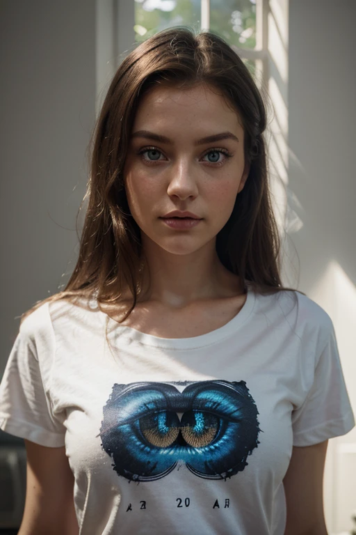 wearing a cute t-shirt, portrait, pretty face, hellblaues Haar, Beautiful eyes, Augen auf, hyperrealistisch, Realistische Textur, natural light, Unwirkliche Engine, Trend in Artstation, Cinestill 800