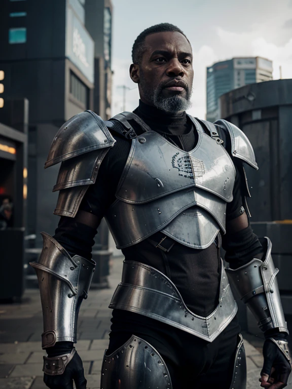 skinny Older black man, grey beard, big lips, grim expression, full upper body shot, Warhammer armour, portrait , futuristic city