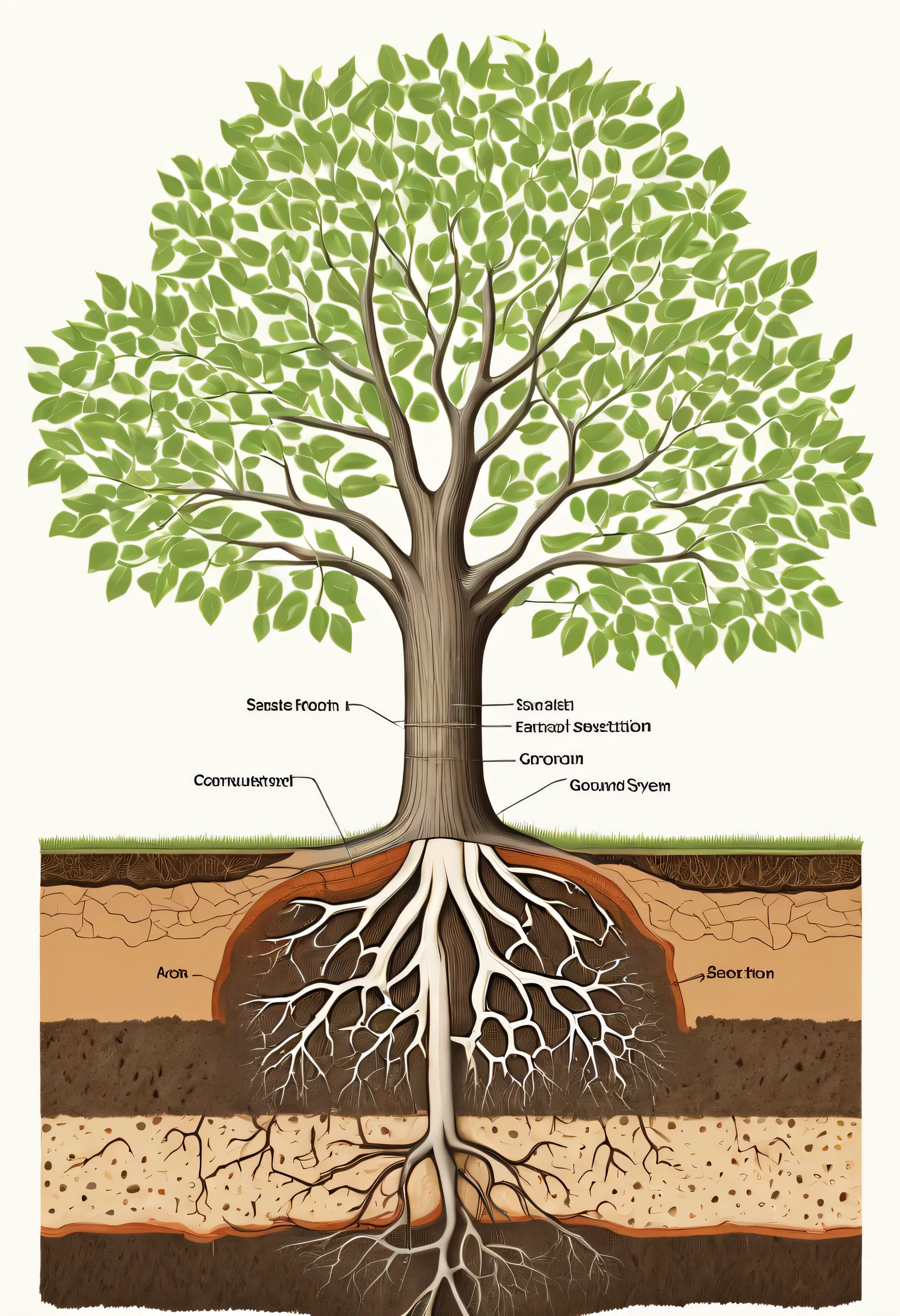 simple illustration, showing the structure of a tree in cross section with the upper crown and root system, sinking into the ground., section of the earth, showing the root system of a tree