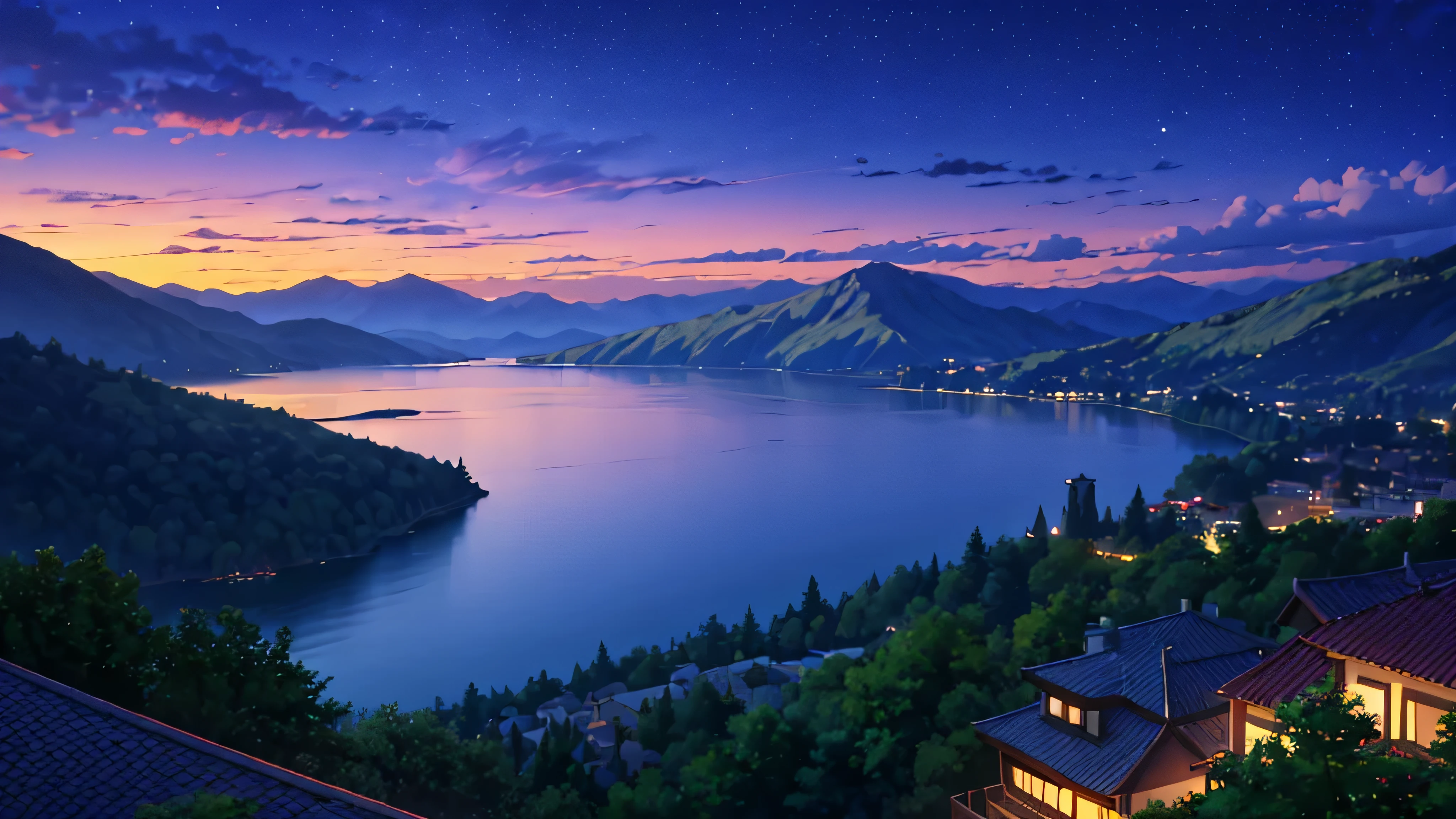 night, Mountain range in the background, the lake in front of the mountains, An ancient city glows on the other side of the lake