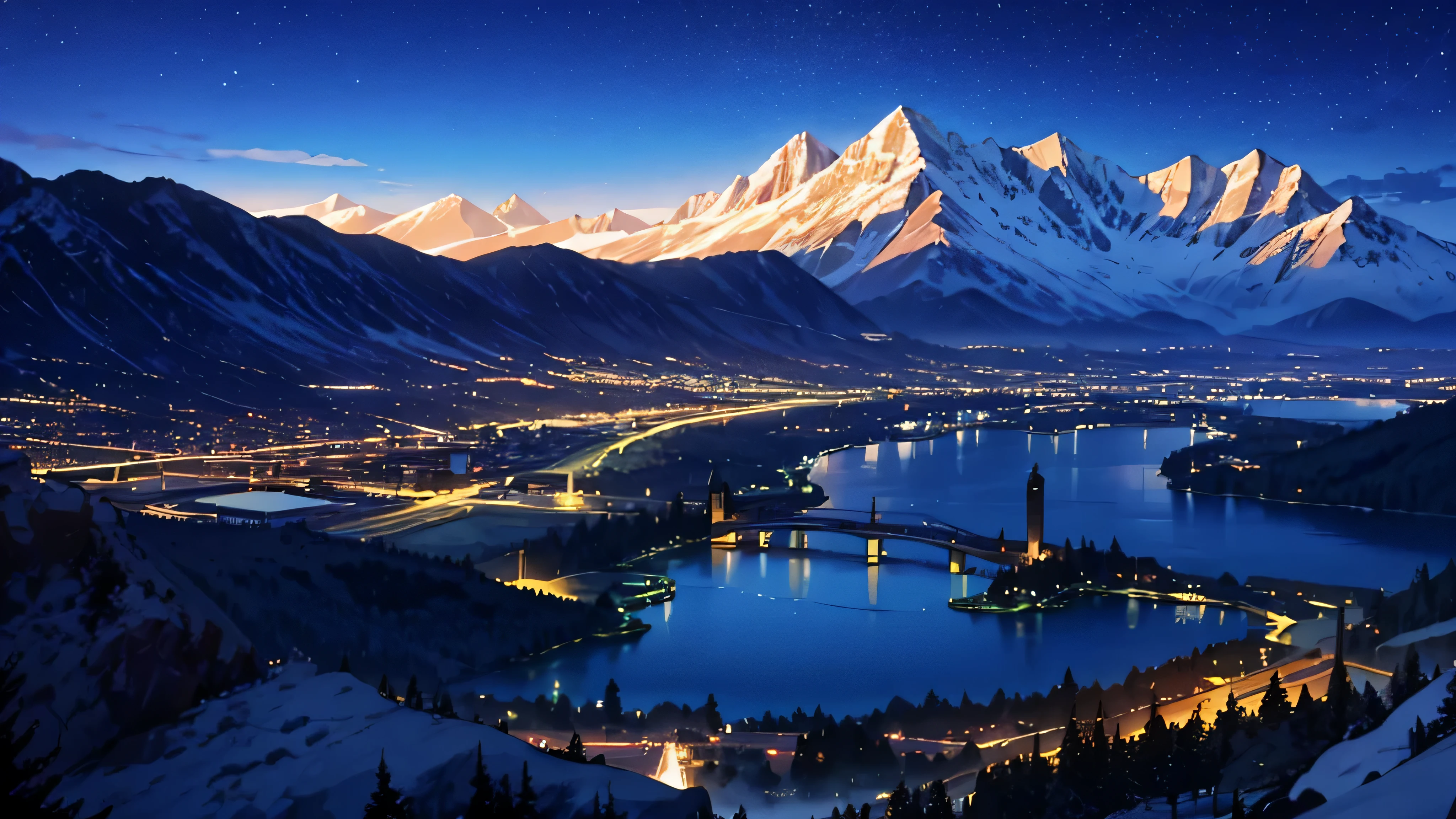 night, Mountain range in the background, the lake in front of the mountains, An ancient city glows on the other side of the lake
