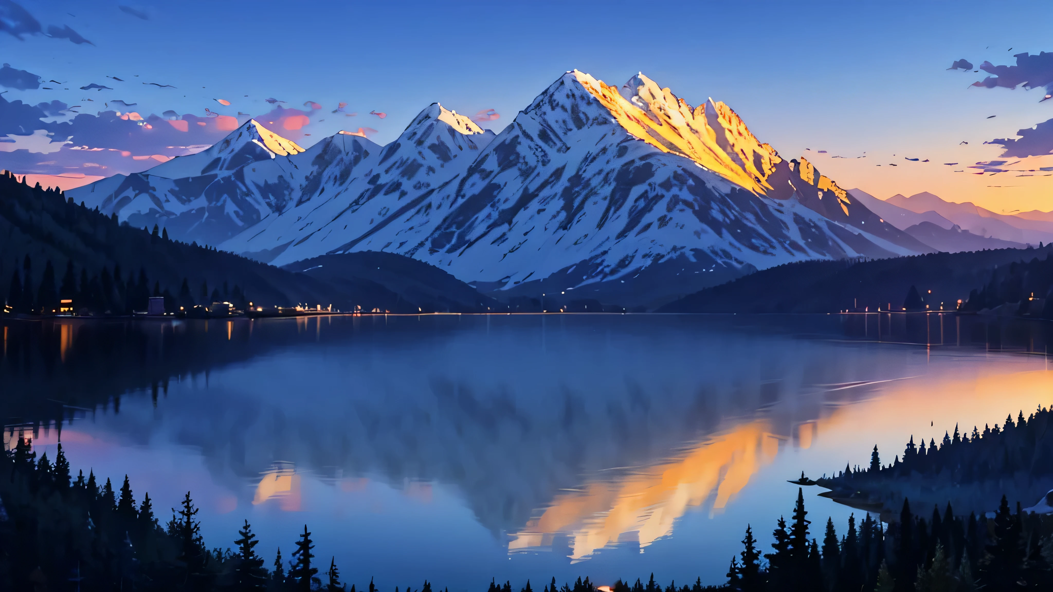 night, Mountain range in the background, the lake in front of the mountains, An ancient city glows on the other side of the lake