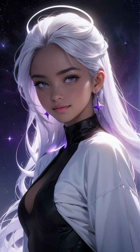A black woman with a skin black as oil, made from universe material stars, white unicorn hair is long, had eyes purple and Similar To the Gojo, a halo of light on her head. She has the smile most beautiful. Best quality of Masterpiece in 16k. Black girl, skin black