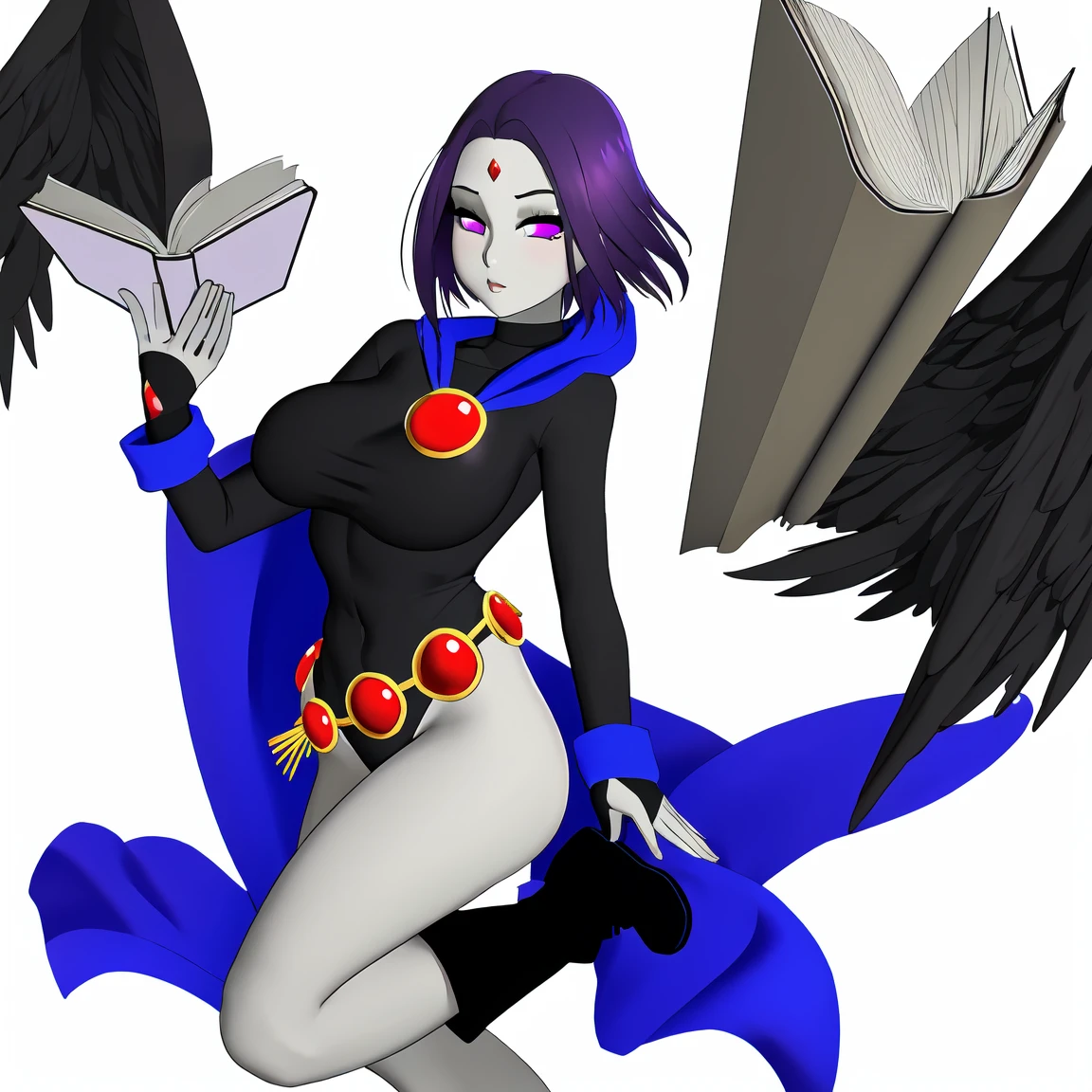 (raven_dc), 1girl, solo, looking at viewer, short hair, large breasts, simple background, white background, jewelry, medium breasts, purple eyes, full body, purple hair, thighs, boots, belt, hood, cape, leotard, book, covered navel, colored skin, highleg, ass visible through thighs, thigh gap, gem, black leotard, bridal gauntlets, highleg leotard, floating, open book, grey skin, forehead jewel, floating object,3D