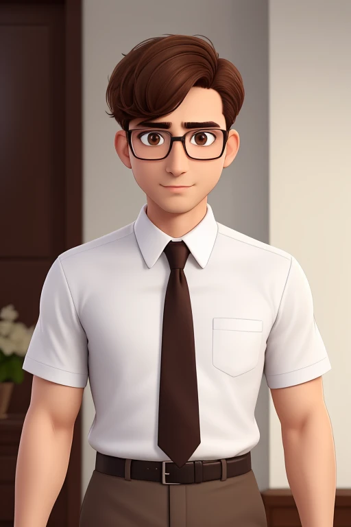 A man of 30 years old, with short brown hair,diamond face, strict look, and brown eyes, wearing white white shirt with necktie and glasses.