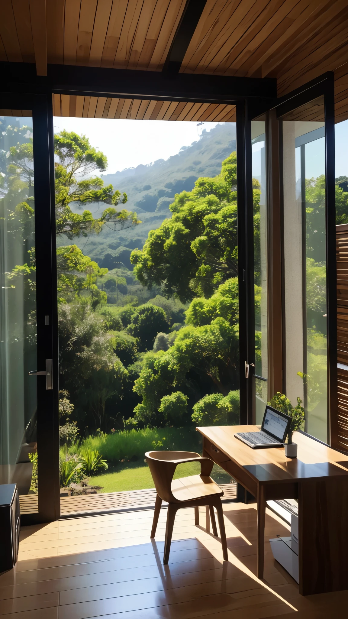 criar uma imagem de um home office em um ambiente aconchegante com um grande janela com vista para para a floresta chovendo