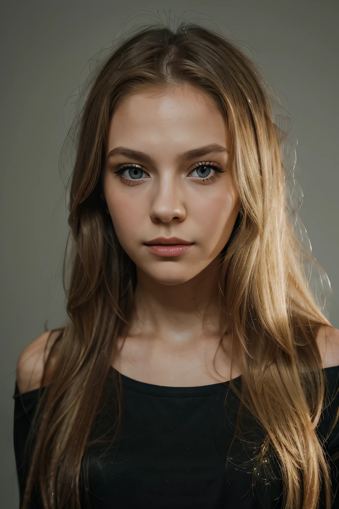 beautiful blonde wearing black t-shirt, (blue background), very detailed, 21 years old, innocent face, natural wavy hair, blue eyes, high resolution, masterpiece, best quality, intricate details, highly detailed, sharp focus, detailed skin, realistic skin texture, texture, detailed eyes, professional, 4k, charming smile, perfect fit body, extremely detailed, foto_\(ultra\), photorealistic, realistic, post-processing, maximum detail, roughness, real life, ultra realistic, photorealism, photography, 8k uhd, photography, full body