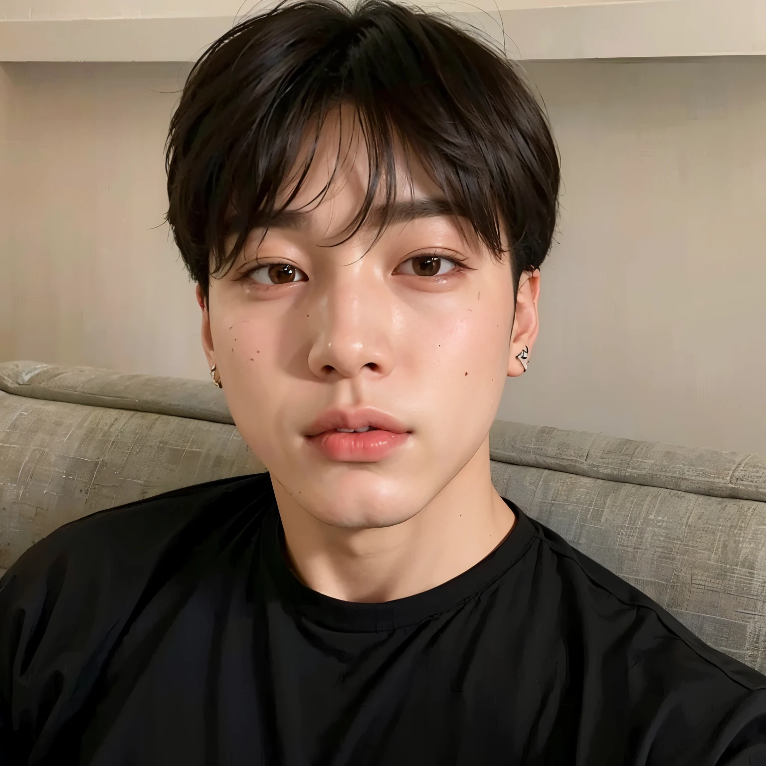 there is a man with a black shirt sitting on a couch, jimin\'s right eyelid swollen, hyung tae, taejune kim, jungkook, kim doyoung, park jimin, hong june hyung, yanjun chengt, jimin\'s plump lips, hyung tae kim, taken in the early 2020s, shin jeongho, cai xukun , jeon jungkook , jungkook jeon , bts jeon jungkook