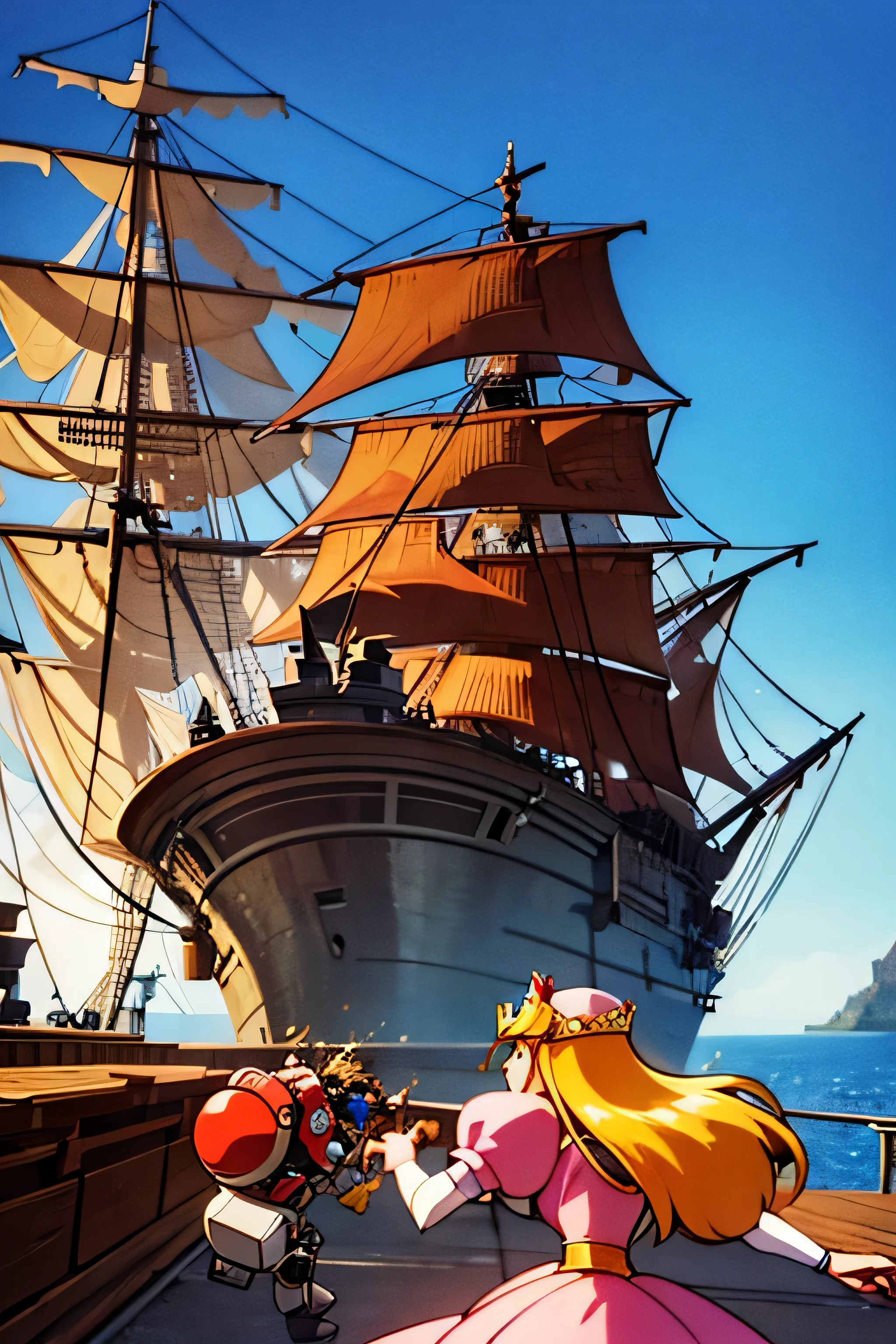 A robot fights a beautiful princess and a pirate on a ship, Super Smash Bros, 35mm film
