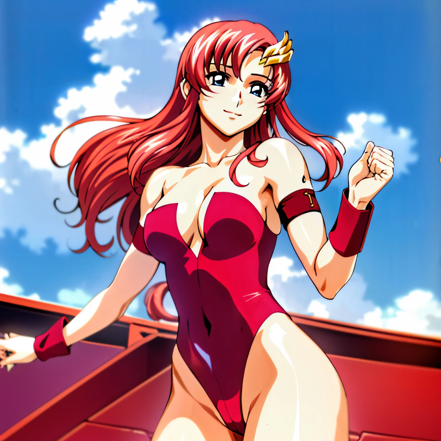 lacus4, 1 girl, hands on stomach, (masterpiece, strapless, (very slim shoulders), 4K, Best Quality, Anime style: 1.9, happy, Adult Woman, (ultra detailed head), (cloud background, white skin), Drawing lines, high resolution, lacus4), 1girl, Solo, curvy figure, Long hair, 鎖骨, scapular, (Detailed wide hair bangs, Hair Ornament, Detailed reddish-pink hair, shiny streaks, slim arms, detailed golden crest), cleavage, large hands, (hair cover shoulders). (Big blue eyes, shiny eyes), ((female wrestler, (slim body), little biceps, slim arms, closed fists, thighs)), ((perfect proportions, medium breasts, long belly)), (((very tight leotard, crimson strapless leotard, red arm band, neck band))), smile, (standing, hot colors), detailed fingers, (bare shoulders)