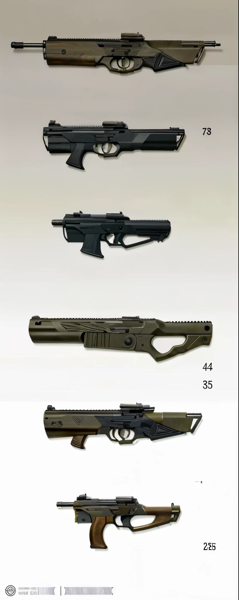 um grupo de quatro armas diferentes com diferentes formas e tamanhos, Projeto de arma, arte conceitual de arma, Arsenal de armas futuristicas envelhecidas, realisticas, detalhadas, fundo branco, follow standard size of weapons
