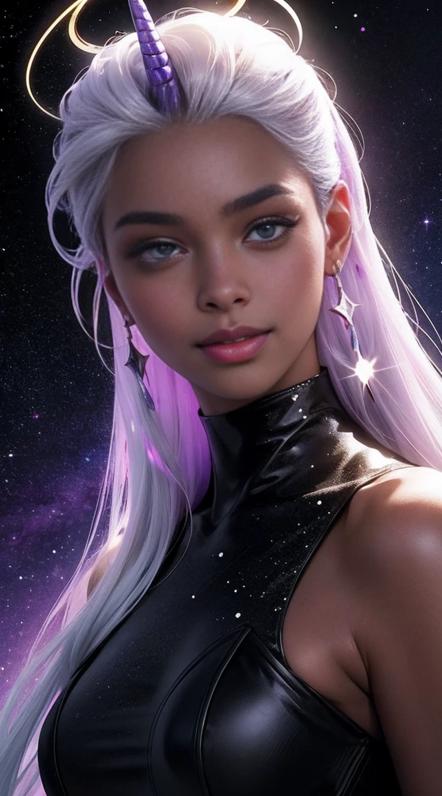 black woman with a skin black as oil, 40 years old, made from universe material stars, white unicorn hair is long, had eyes purple and Similar To the Gojo, a halo of light on her head. She has the smile most beautiful. Best quality of Masterpiece in 16k. Black girl, skin black