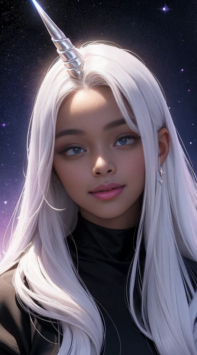 black woman with a skin black as oil, 40 years old, made from universe material stars, white unicorn hair is long, had eyes purple and Similar To the Gojo, a halo of light on her head. She has the smile most beautiful. Best quality of Masterpiece in 16k. Black girl, skin black