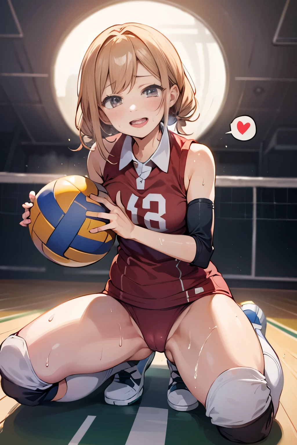 unity 8k wallpaper, anatomically correct, (((masterpiece))), (((best quality))), (((ultra detailed))), (((high-resolution))), ((Ultimate cutie)), perfect hands, perfect finger, (((good anatomy))), detailed beautiful face, shiny hair, (((gyaru))), (potbelly), (curvy), medium breasts, ((Thick thighs)), (((solo))), ((seductive smile)), (((blush))), (half open mouth),
BREAK, (((sit astride the perfectly spherical shape 6-inch volleyball))), (((Straddling a perfectly spherical 6" volleyball))), (((Perfectly spherical 6" volleyball fits perfectly crotch))), BREAK, (((Rub the Perfectly spherical 6" volleyball against crotch))),
BREAK, (Collared volleyball uniforms), sleeveless, ((buruma)), ((kneepad)), (pussy juice stained), (elbow pad), (((sweat))), (((covered in sweat))), ((deep breathing)), in Volleyball Court, indoor, lighting, looking at viewer, full body, (spoken heart)