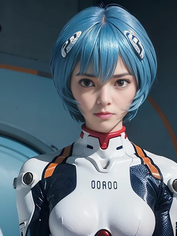 (Best Quality, hight resolution, masutepiece:1.2), 1girl in, Ayanamirei, bob cuts, plugsuit, Upper body view、Interface headset, Simple background, Light blue hair color, deadpan, full-face blush, embarrassed, Looking at Viewer