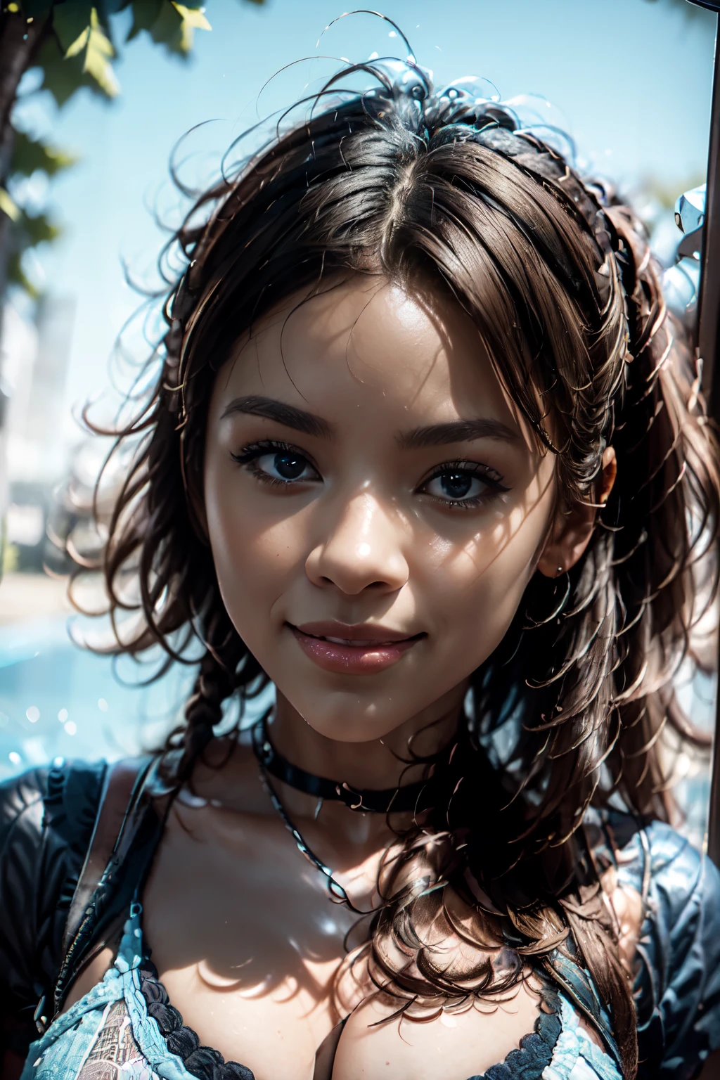 technological, advertising poster. Close-up, a modern dark-skinned girl, with neatly laid Afro braids on her head, looks into the future, with a virtual reality device in front of her eyes. Light blue background, advertising of a high-tech product. Digital technologies, virtual reality, network services. Beautiful girl close-up, in virtual space. Highest quality, 16 K. FUL SD, cinematic rendering., brown hair, dreadlocks, light smile, Surrealism, Futurism, Romanticism, ray tracing, backlighting, bloom, High quality