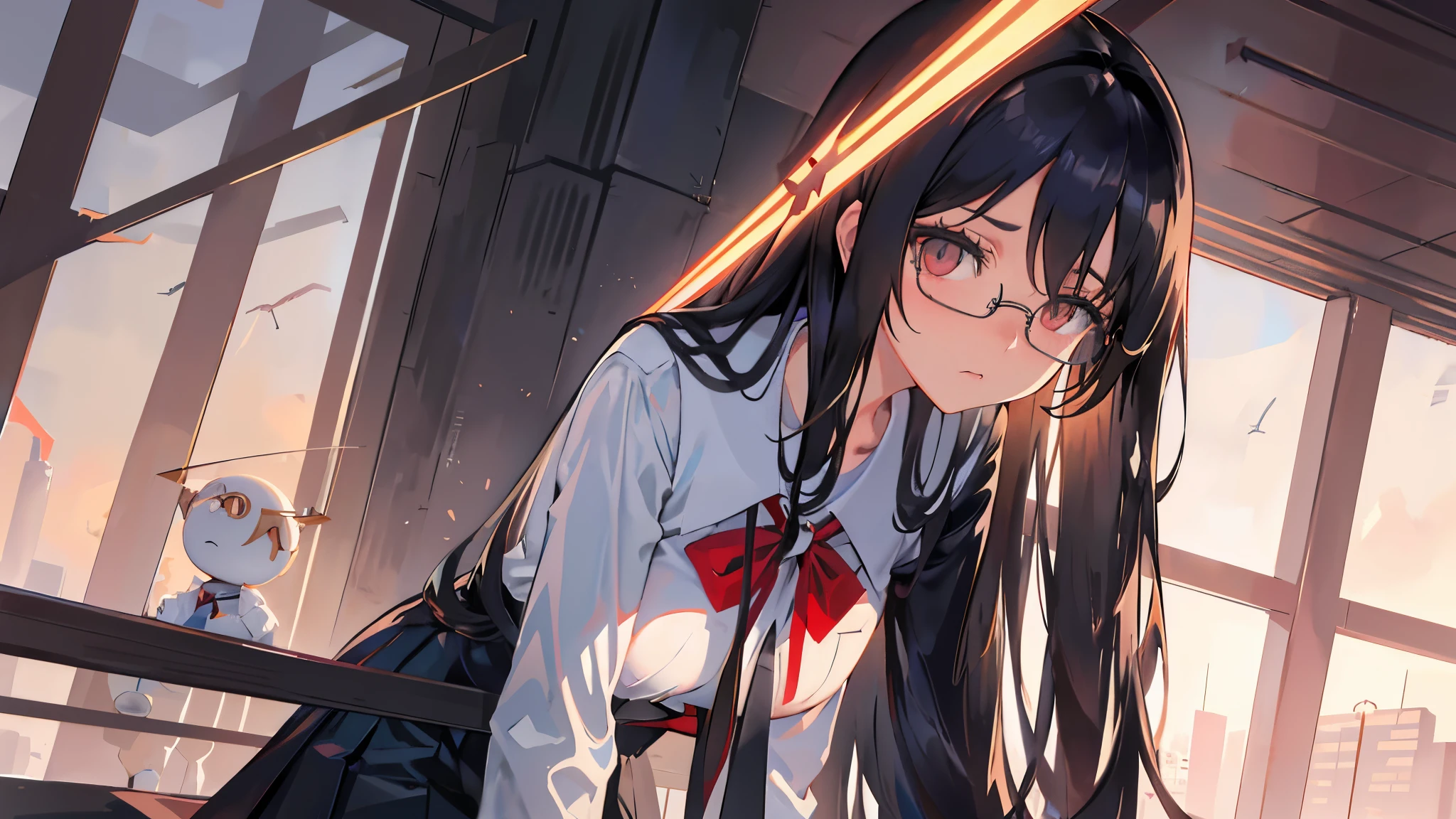 Masterpiece, best quality, 1girl, female focus, solo, Ayanami Rei, long black hair, twin tails, school uniform, glasses, serious expression, (background: 1.5, a dimly lit room or a quiet outdoor setting), (angle: 0.9, close-up).

Ayanami Rei, the iconic figure from Neon Genesis Evangelion, depicted in stunning detail. Her long, sleek black hair falls in twin tails, framing her serious yet captivating expression. The glasses perched on the bridge of her nose add an air of intelligence and focus. She wears her standard school uniform, every seam and detail meticulously