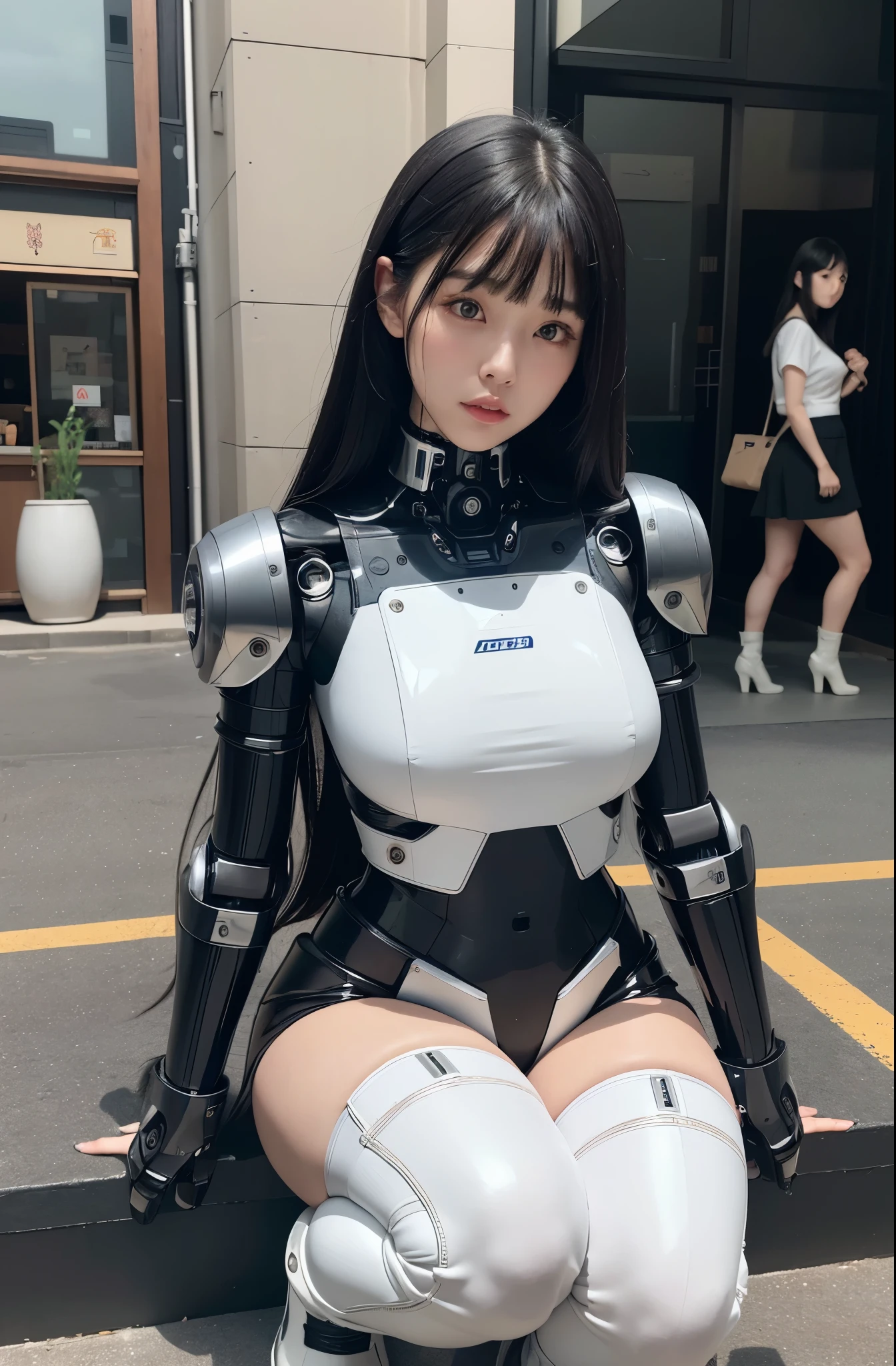 masterpiece, best quality, extremely detailed, (8K, 4K, Best Quality, hight resolution, 超A high resolution:1.1), (masutepiece, Realistic, Photorealsitic:1.1)Japanese android woman,Plump , announcer,control panels,activate,Squat,android,droid,Mechanical Hand,Robot arms and legs, Black Robot Parts,black hair,darkblack knee high socks,black sponge joints,blunt bangs,white robot body,ceramic body,jockey boots,perfect cyborg girl,