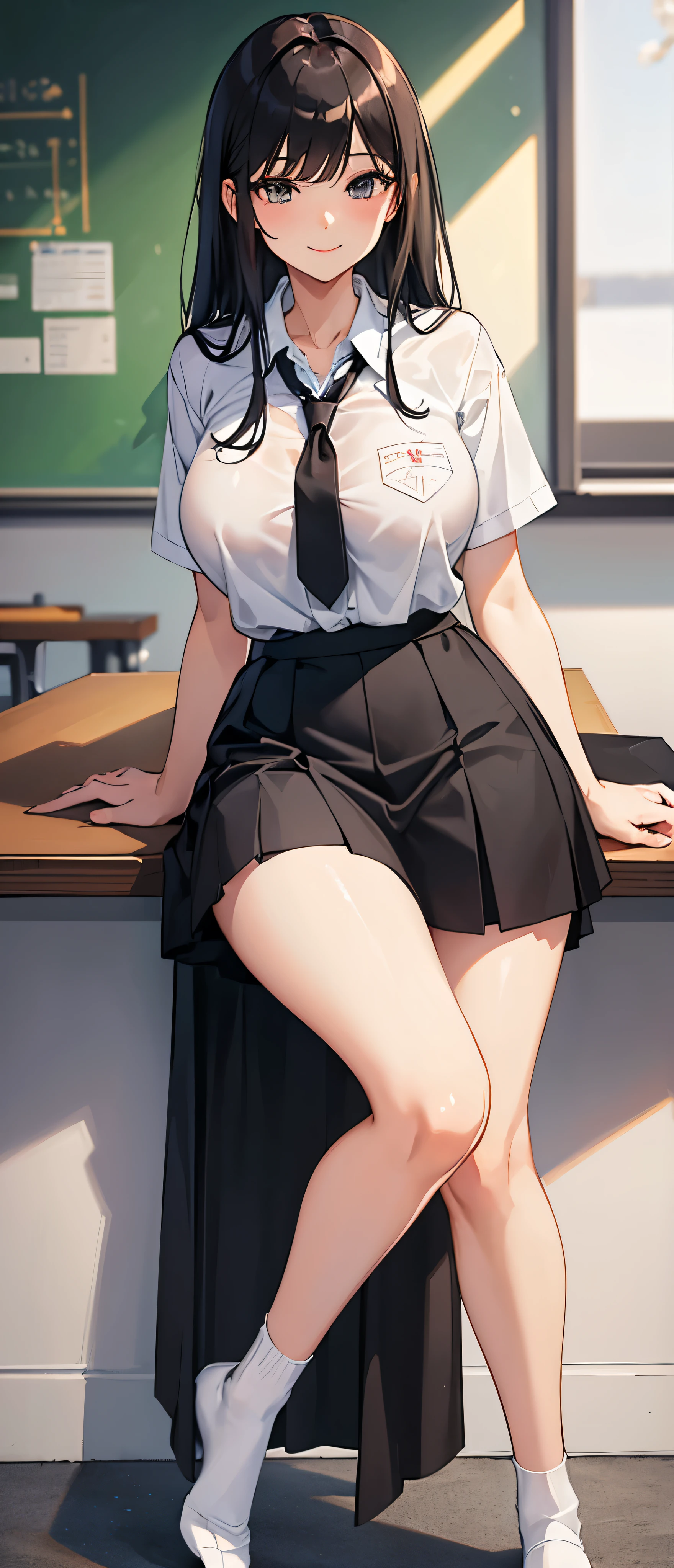 ( Beatiful sexy white socks ) ,  school shirt  , ( big breasts ) , NSFW , tall legs , big thighs , smile , ( milf ) , HD , detailed eyes  dark long hair , ( High waisted black skirt ),  18-years old , wide angle , classroom , tall body