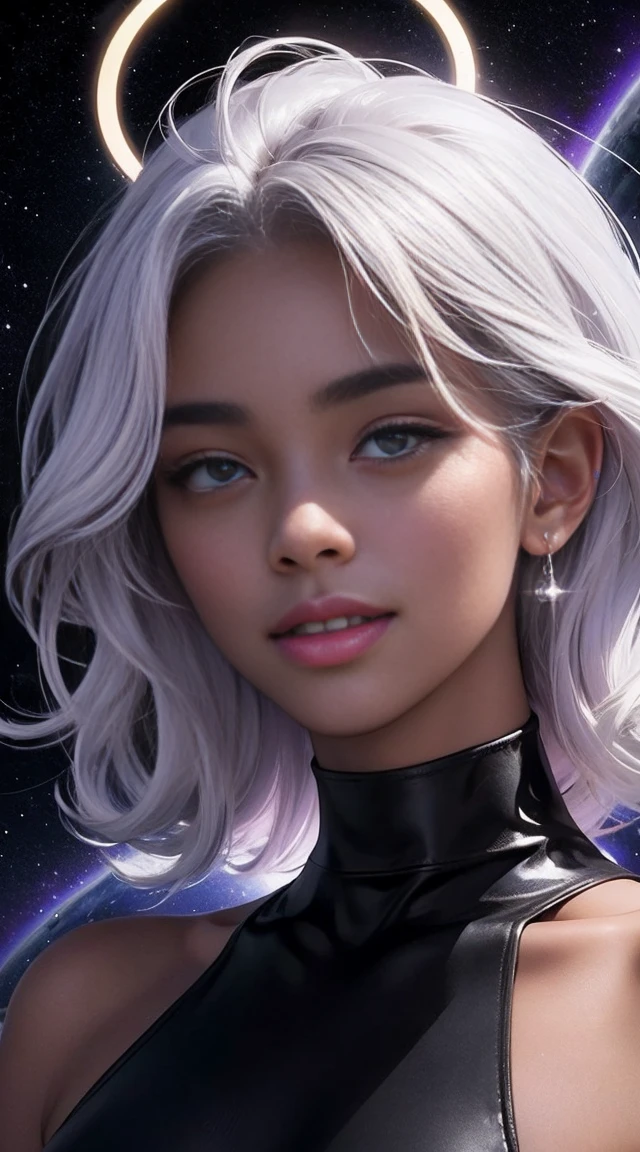  A black woman with a skin black as oil, made from universe material stars, white unicorn hair is long, had eyes purple and Similar To the Gojo, a halo of light on her head. She has the smile most beautiful. Best quality of Masterpiece in 16k. Black girl, skin black