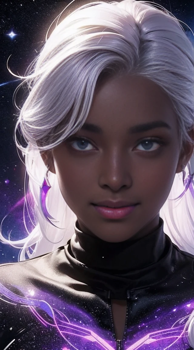 black woman with a skin deeper black as oil, 40 years old, made from universe material stars, white hair long unicorn colors, had eyes purple, a halo of light on her head. She has the smile most beautiful. Best quality of Masterpiece in 16k. Black girl, skin black