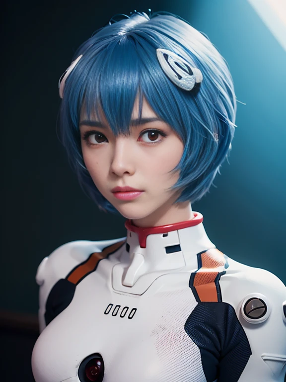 (Best Quality, hight resolution, masutepiece:1.2), 1girl in, Ayanamirei, red pupils, bob cuts, plugsuit, Upper body view、Interface headset, Simple background, Light blue hair color, deadpan, full-face blush, embarrassed, Looking at Viewer