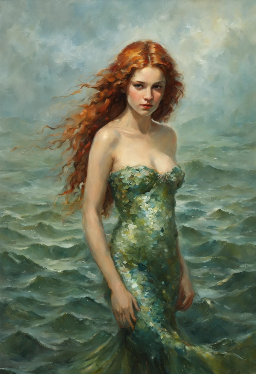 oil painting, masterpiece, best quality, full body portrait of a beautiful 25-year-old mermaid girl with long red hair, (highest detailed face), swimming under the sea, among the high deep green algaes and sea fishes, her body is naked, her tail is covered with silver fish scales of azure color, a massive necklace on her neck, made out of shells, a starfish in her hair, light passing through water and her hair, ((best quality, masterpiece:1.2), ultra-detailed, portrait, Meticulous details, very intricate details, the art of Annie Steg, Brom, an image of an epic fantasy character, a portrait of a character, fantasy art, works by Richard Schmid, A.Mukha, Volegov, bookillustration, impressionism
