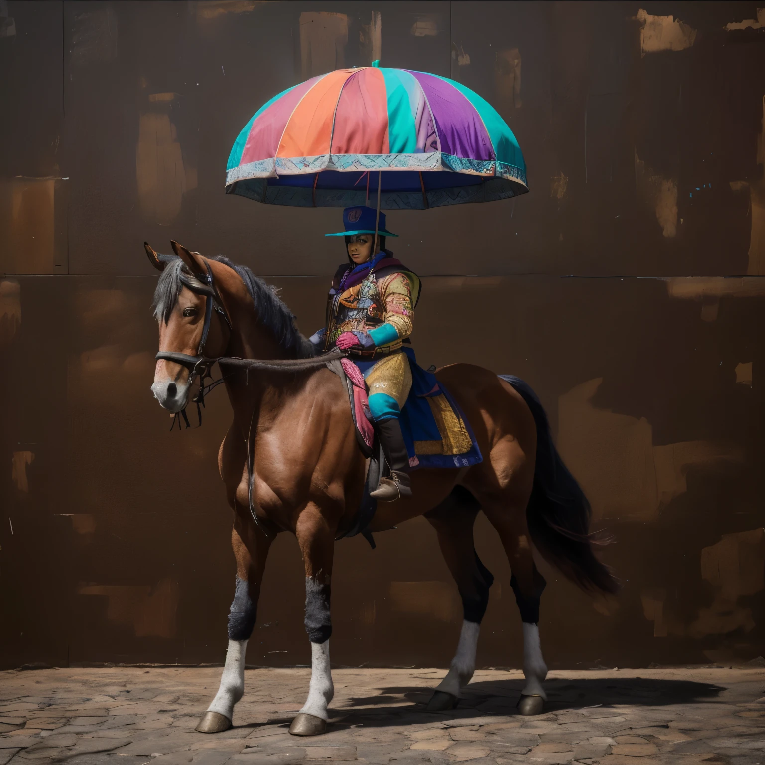 Arlequin con gorro colorido de tres puntasa caballo, colorido con paraguas de colores y gorro de tres puntas? Estilo hiperrealista, 8k, piso verde botella, fondo rojo, cajas realistas , iluminacion profecional