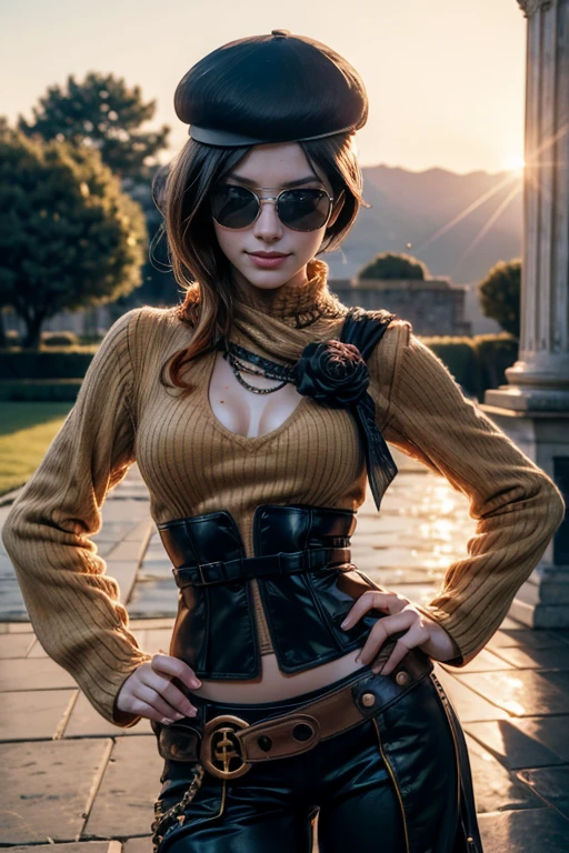 (masterpiece,stunning girlfriend, (standing:1.1), dynamic pose, heart shaped face, elegant face, beautiful face, highly detailed face, highly detailed skin, skin pores, subsurface scattering, realistic pupils, loving smile, looking at viewer, full face blush, full lips, detailed background, depth of field, atmospheric perspective, volumetric lighting, sharp focus, absurdres, realistic proportions, good anatomy, (realistic, hyperrealistic:1.4), 16k hdr, (masterpiece, best quality:1.2), cowboy shot, solo, 1girl, coco adel, grin, looking at viewer, hand on hip, beret, sunglasses, orange sweater, corset, black gloves, pants, jewelry, belt, bandolier, sunset, standing in palace grounds, crowds, ((sfw))