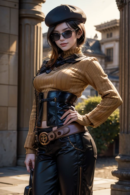 (masterpiece,stunning girlfriend, (standing:1.1), dynamic pose, heart shaped face, elegant face, beautiful face, highly detailed face, highly detailed skin, skin pores, subsurface scattering, realistic pupils, loving smile, looking at viewer, full face blush, full lips, detailed background, depth of field, atmospheric perspective, volumetric lighting, sharp focus, absurdres, realistic proportions, good , (realistic, hyperrealistic:1.4), 16k hdr, (masterpiece, best quality:1.2), cowboy shot, solo, 1girl, coco adel, grin, looking at viewer, hand on hip, beret, sunglasses, orange sweater, corset, black gloves, pants, jewelry, belt, bandolier, sunset, standing in palace grounds, crowds, ((sfw))