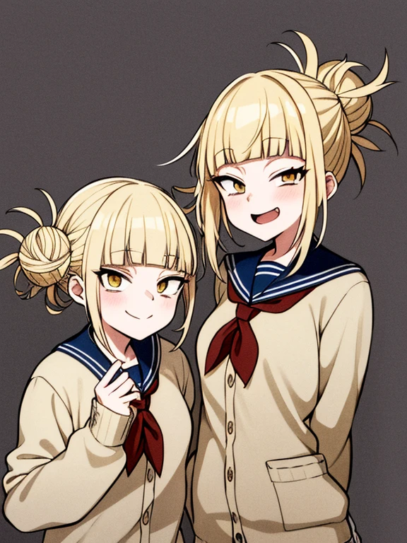 Two heads, conjoined, masterpiece, best quality, r-e-l-o-a-d, camonome, sincos, t0g4vx, 1girl, blonde hair, blue sailor collar, blue skirt, blunt bangs, blush, cardigan, double bun, fingernails, food, hair bun, heart, long fingernails, long sleeves, looking at viewer, messy hair, neckerchief, pleated skirt, red neckerchief, sailor collar, , short hair, skirt, sleeves past wrists, slit pupils, smile, solo, sepia cardigan, yellow eyes, white background, ass, simple background