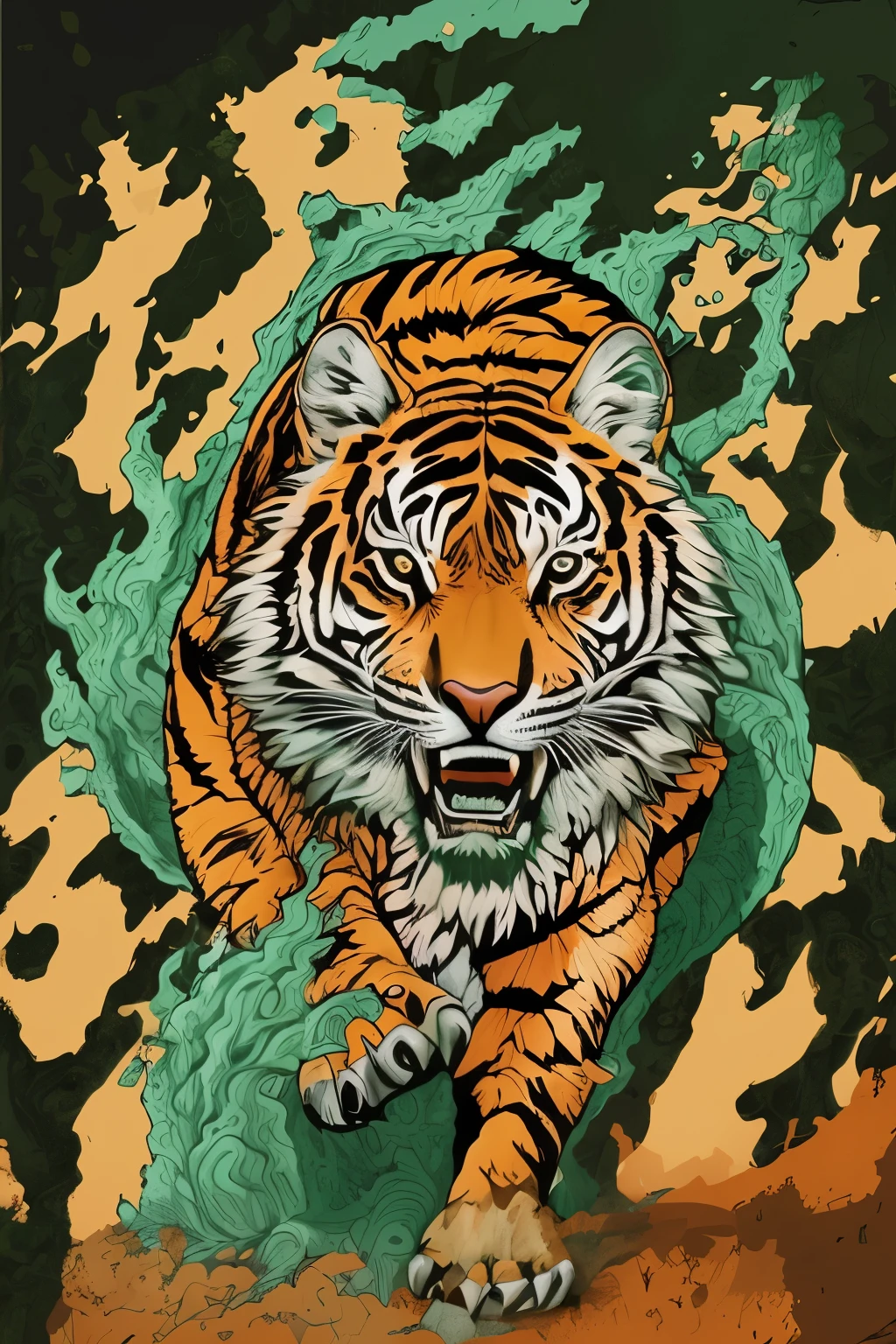 tigre on a green background with a brown background, tigre, ((tigre)), tigre_bestia, tigre stripes, sacred tigre, Arte vectorial altamente detallado, half tigre, tigre skin, a tigre, cosmic tigre, Altamente detallado y coloreado, anthropomorphic tigre, tigres, Arte detallado aterrador en color, highly detailed and hypnotic, full color digital illustration