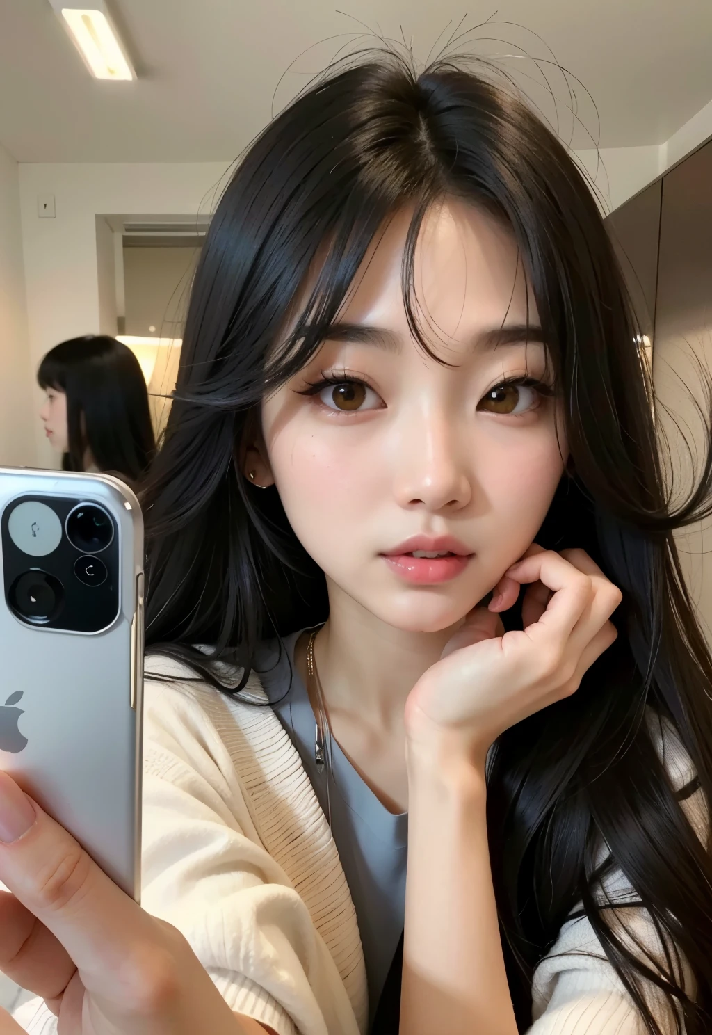 there is a woman taking a selfie with her cell phone, bae suzy, jaeyeon nam, Jinyoung Shin, Heonhwa Choe, linda mulher sul-coreana, young lovely korean face, gongbi, Korean facial features, linda jovem coreana, adorable and pale korean face, taejune kim, selfie,  coreana, Ulzzang, linda jovem coreana