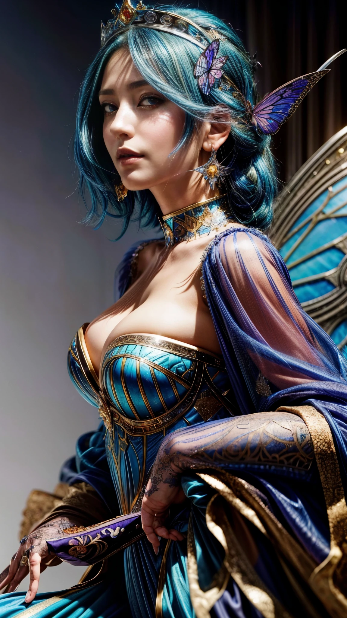 a close up of a woman with blue hair and a butterfly costume, extremely detailed artgerm, artgerm. high detail, a beautiful fantasy empress, ((a beautiful fantasy empress)), artgerm detailed, beautiful and elegant elf queen, 8k high quality detailed art, 2. 5 d cgi anime fantasy artwork, 4 k detail fantasy
