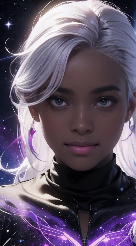 black woman with a skin deeper black as oil, 40 years old, made from universe material stars, white hair long unicorn colors, had eyes purple, a halo of light on her head. She has the smile most beautiful. Best quality of Masterpiece in 16k. Black girl, skin black