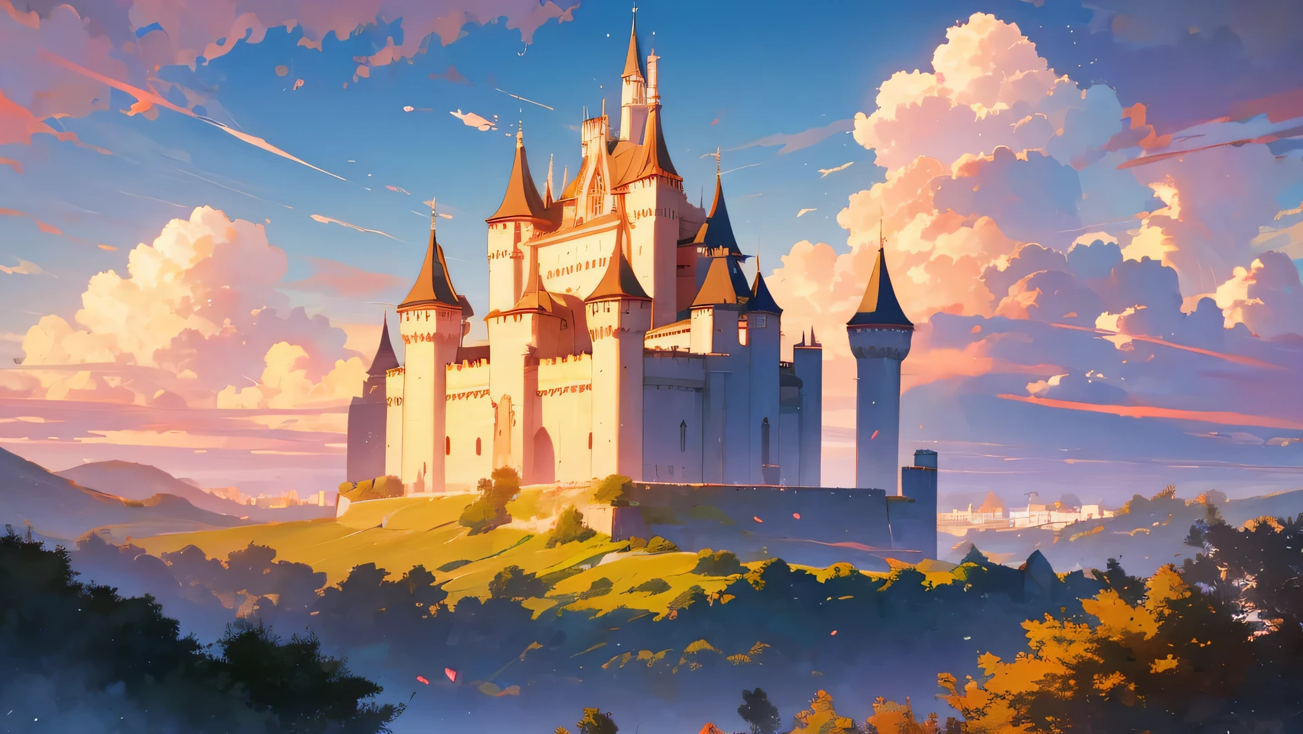 a castle floating in the sky on a big cloud, golden hour, romantic and nostalgic, flowers and roses