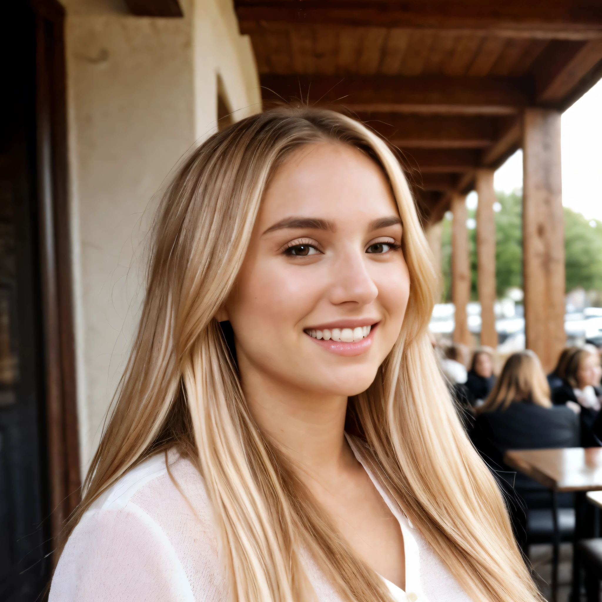 A 23-year-old blonde woman, ((pechos grandes)), ((hiperrealismo)) ,. Caffe, blonde hair with light brown roots. cabello rubio, Hair with brown roots, cabello extra largo, cabello muy largo, really long hair, Beautiful, Front view, photo taken with HD camera, elegant pink blouse, cafe scene, warm wood ambience, sunny day, HD photo, high quality, HD, huge breasts, shy smile, ultraHD