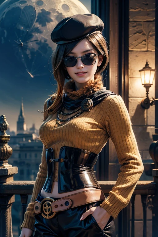 (masterpiece,stunning girlfriend, (standing:1.1), dynamic pose, heart shaped face, elegant face, beautiful face, highly detailed face, highly detailed skin, skin pores, subsurface scattering, realistic pupils, loving smile, looking at viewer, full face blush, full lips, detailed background, depth of field, atmospheric perspective, volumetric lighting, sharp focus, absurdres, realistic proportions, good anatomy, (realistic, hyperrealistic:1.4), 16k hdr, (masterpiece, best quality:1.2), cowboy shot, solo, 1girl, coco adel, grin, looking at viewer, hand on hip, beret, sunglasses, orange sweater, corset, black gloves, pants, jewelry, belt, bandolier, night, moon, standing in palace grounds, crowds wearing armour, ((sfw))