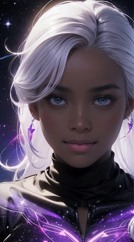 black woman with a skin deeper black as oil, 50 years old, made from universe material stars, white hair long unicorn colors, had eyes purple, a halo of light on her head. She has the smile most beautiful. Best quality of Masterpiece in 16k. Black girl, skin black. She have 50 years