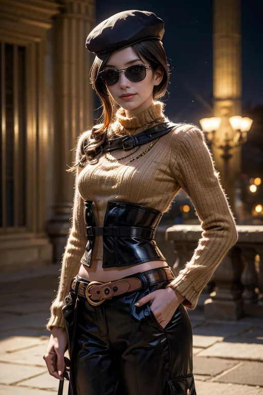(masterpiece,stunning girlfriend, (standing:1.1), dynamic pose, heart shaped face, elegant face, beautiful face, highly detailed face, highly detailed skin, skin pores, subsurface scattering, realistic pupils, loving smile, looking at viewer, full face blush, full lips, detailed background, depth of field, atmospheric perspective, volumetric lighting, sharp focus, absurdres, realistic proportions, good anatomy, (realistic, hyperrealistic:1.4), 16k hdr, (masterpiece, best quality:1.2), cowboy shot, solo, 1girl, coco adel, grin, looking at viewer, hand on hip, beret, sunglasses, orange sweater, corset, black gloves, pants, jewelry, belt, bandolier, night, moon, standing in palace grounds, crowds wearing armour, ((sfw))