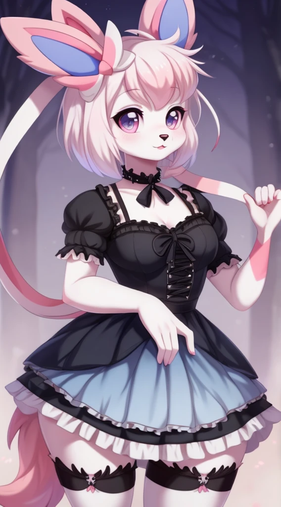 4K, master piece, best quality, Kawaii, cute, sfw, sylveon, hioshiru, goth frilly dress, bob cut, sexy naked 