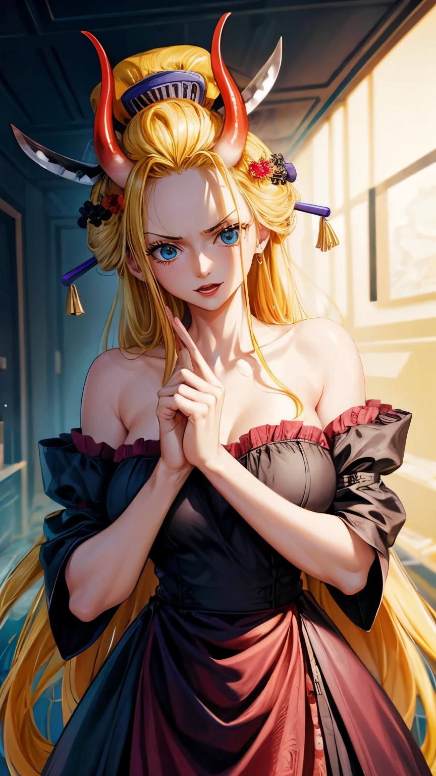 ((top-quality, 8K, masterpiece:1.3)), A detailed eye, (looking at from the front), Look at the camera, ((Everything is sparkling、reflecting light:1.2)), (Best Ratio: 4 fingers, 1 thumb),  ((Black Maria from One Piece))), long hair, yellow hair, cute face,  blushing , red lips, half body shot, oni horn,