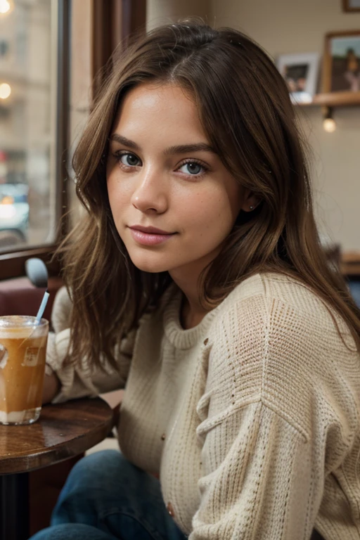 Full body Beautiful brunette with blonde highlights wearing a red sweater, jeans, heels (in a cafe drinking soda), highly detailed, 22 years old, , innocent face, natural wavy hair, blue eyes, high resolution, Intricate high detail, Highly detailed, Sharp focus, Detailed skin, realistic skin texture, texture, detailed eyes, professional, charming smile, shot on Canon, shallow depth of field, Kodak Vision Color, Perfect Fit Body, extremely detailed, photography_\(ultra\), Realistic, Post-processing, maximum details, roughness, real life, ultra realistic, Photorealism, photography, 8k UHD, photography, busty, 85mm, Photorealistic, Masterpiece, Best quality, 4k
