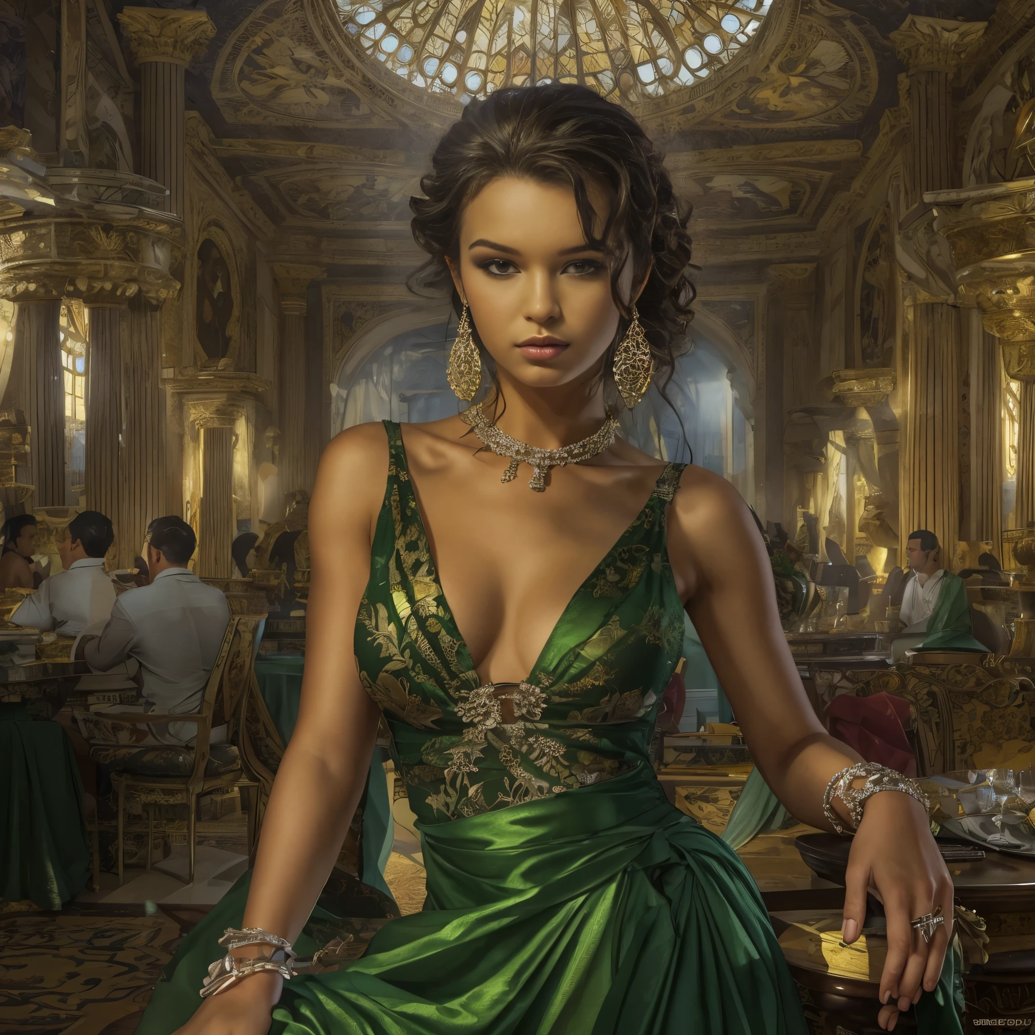 ((best quality)), ((masterpiece)), (detailed), perfect face, Ready to hit the nightclubs, 1girl, renatadaninsky, low cut dress, jewelry