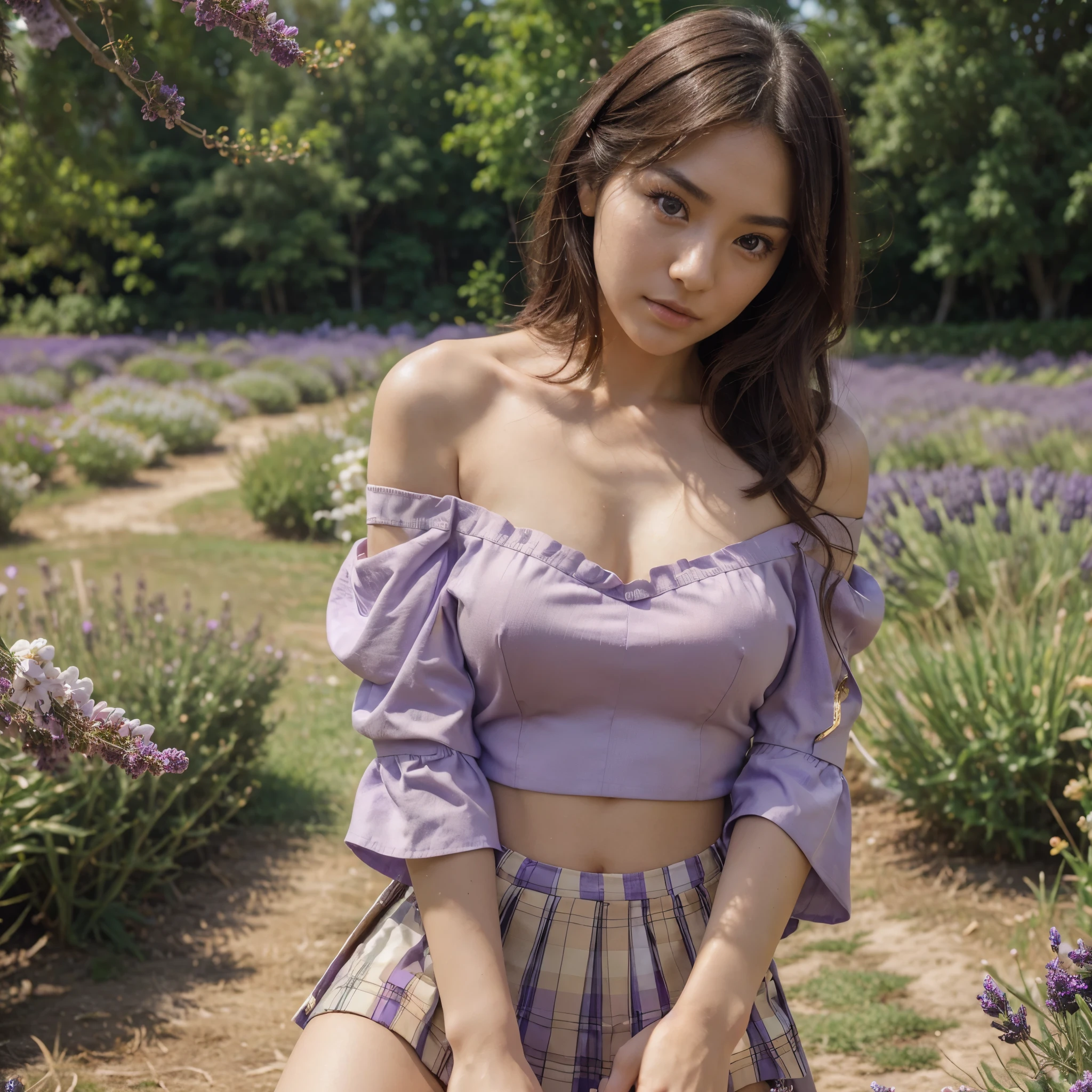 (highly detailed stunningly gorgeous 25 year old Japanese woman in a (( Off-Shoulder Blouse and Skirt))), pale skin, brown eyes, looking at the camera , (Expansive fields of purple lavender, best in full bloom), long curly hair, (perfect eyes:1.2), (perfect face:1.2), perfect hands, (perfect fingers:1.2), (perfect legs:0.5), (toned physique:1.2), high quality RAW photograph, hyper detailed, hyper realistic, amazing and beautiful, Hasselblad 35mm lens, ISO 400, face in frame, character centered in frame