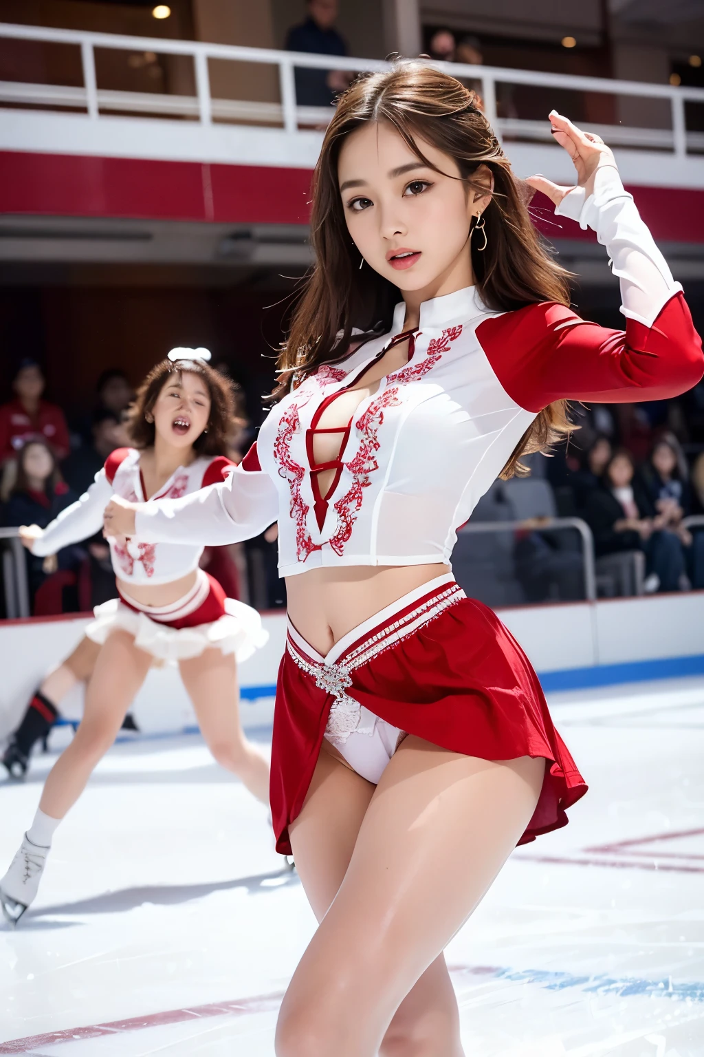 2 female、duo,(Super beautiful)、(beautiful faces:1.6)、(detailed faces:1.5)、(detailed eyes:1.1)、(detailed lips:1.1)、(detailed noses:1.1)、(brown hair)、(Doing figure skating)、(anatomically correct movements:1.3)、(Red costume)、(White panties under the skirt:1.2)、(Clothes:1.5)、(skating rink with spectators)、(At SFW:1.5)