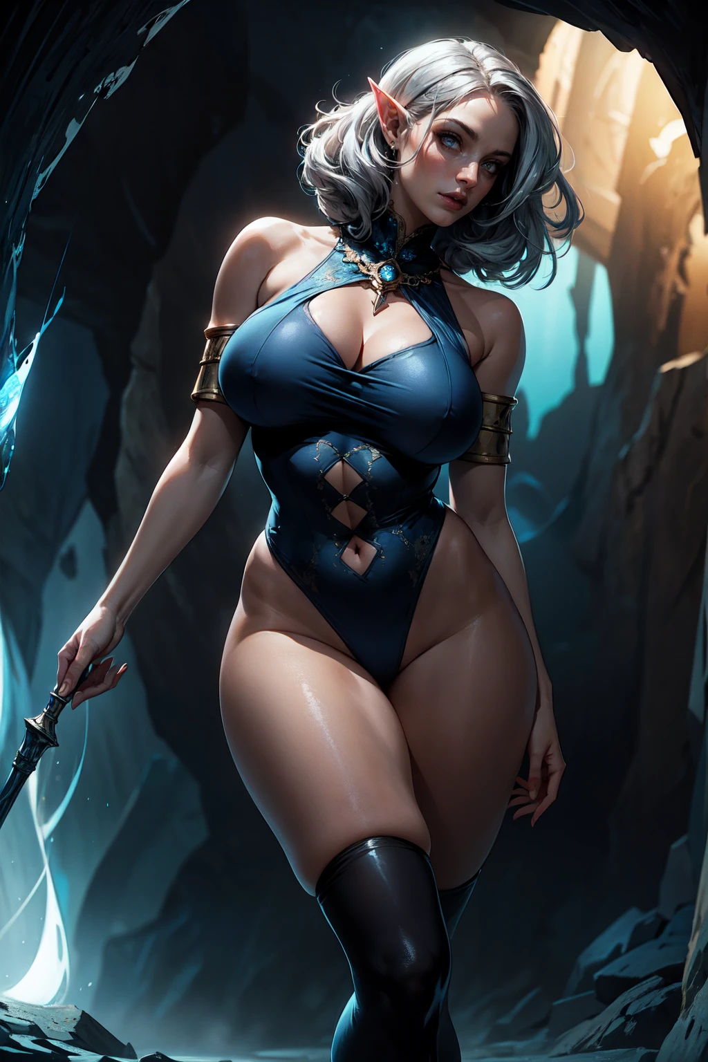 (masterpiece, best quality, perfect face, beautiful and aesthetic:1.2, dynamic angle, highest detailed face), (dark fantasy:1.7), (beautiful female elf sorceress, long messy silver hair, silver eyes, huge breasts, (narrow waist, wide hips), shapely butt), (thicc tights:1.3), perfect fit body, (flawless porcelain skin, pale skin), (inside dark desolated cave), (dark blue theme:1.2), (dark blue aura:1.2), dark blue glow, ((blue energy magic swirling around)), (extremely detailed eyes), detailed skin, skin pores, ((sorceress attire, dark colored clothes, (skimpy clothes:1.2))), enchanting gaze, full body portrait, (cinematic lighting, darkness, dark scene, (dim light), mute lighting, dimly lit), looking at viewer, casting spell, (solo:1.4), (high quality, CG, 4k, extremely detailed, hyper realism, dramatic light, sharp, HDR), (bare shoulders:1.2)