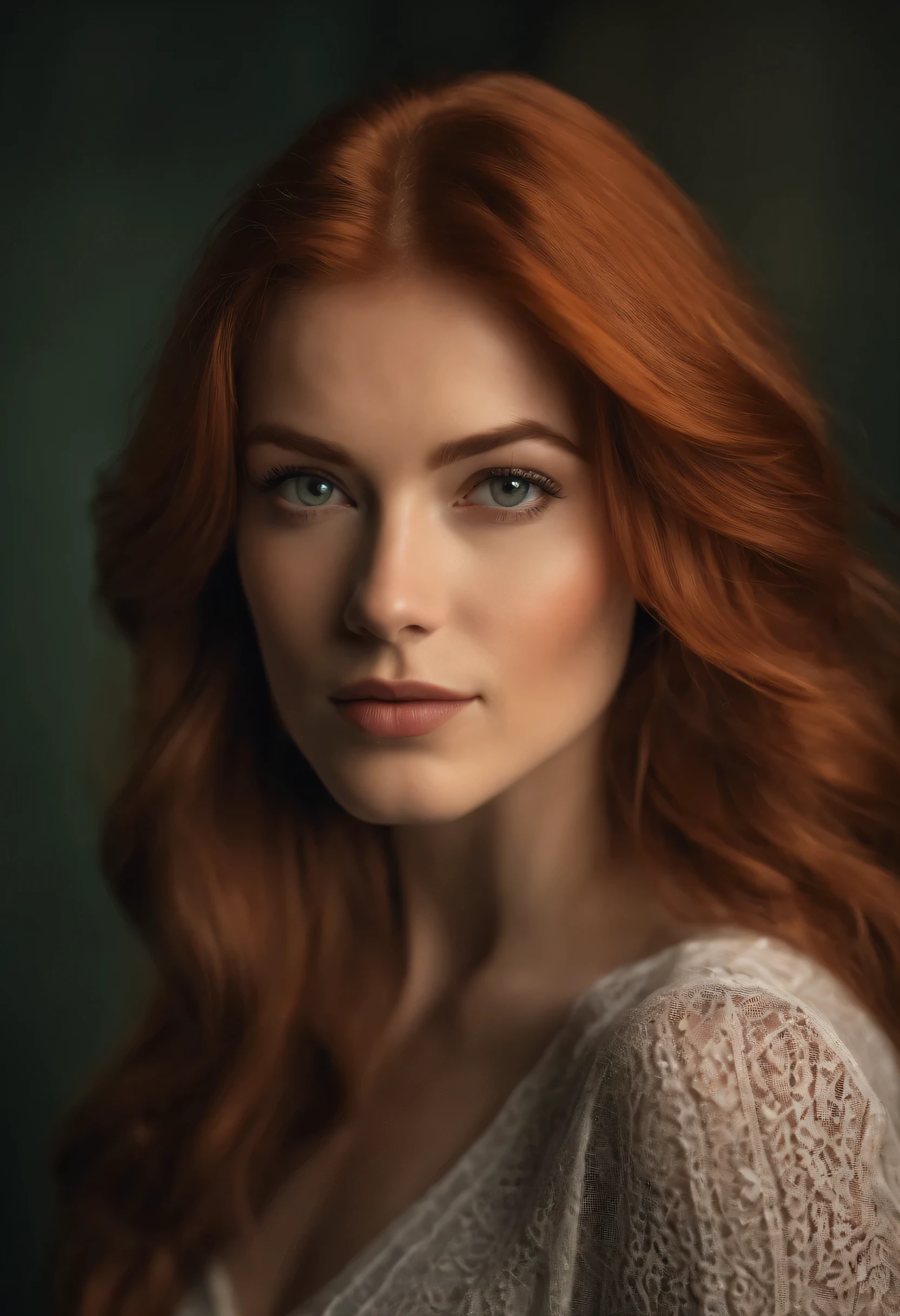professional, (4k photo:1.1) (Sharp focus:1.3), high detail, wearing (tight shirt:1.2), beautiful detailed face, without make up, an attractive woman with long red hair looks into the camera, looking like actress Katherine McNamara, panasonic lumix s pro 50mm f/1.4, dark orange and dark emerald, ferrania p30, photo realistic, close up face