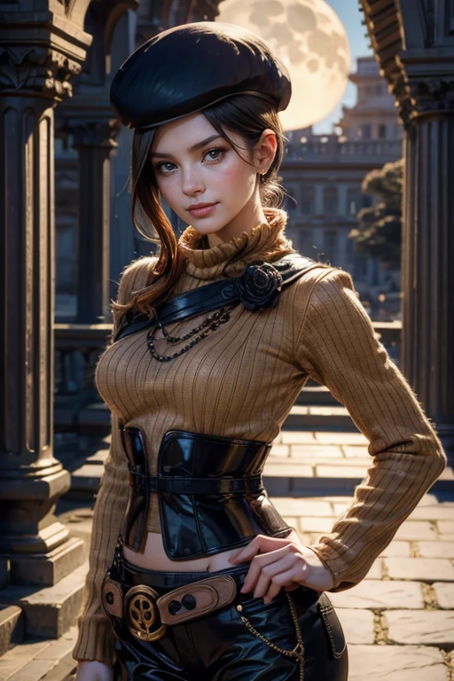 (masterpiece,stunning girlfriend, (standing:1.1), dynamic pose, heart shaped face, elegant face, beautiful face, highly detailed face, highly detailed skin, skin pores, subsurface scattering, realistic pupils, loving smile, looking at viewer, full face blush, full lips, detailed background, depth of field, atmospheric perspective, volumetric lighting, sharp focus, absurdres, realistic proportions, good anatomy, (realistic, hyperrealistic:1.4), 16k hdr, (masterpiece, best quality:1.2), cowboy shot, solo, 1girl, coco adel, grin, looking at viewer, hand on hip, beret, orange sweater, corset, black gloves, pants, jewelry, belt, bandolier, night, moon, standing in palace grounds, crowds wearing armour, ((sfw))